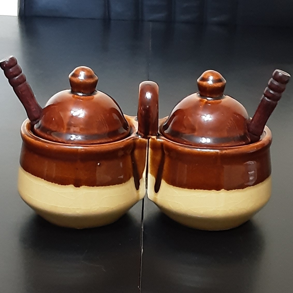 Vintage Brown Stoneware Double Condiment Dish Bowls With Spoons